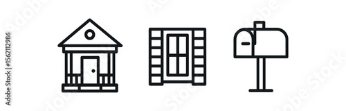 Minimalist black icon set: house, window, mailbox on gray background vector icon isolated illustration