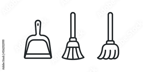 Black outline icons of broom, dustpan, mop on dark background vector icon isolated illustration