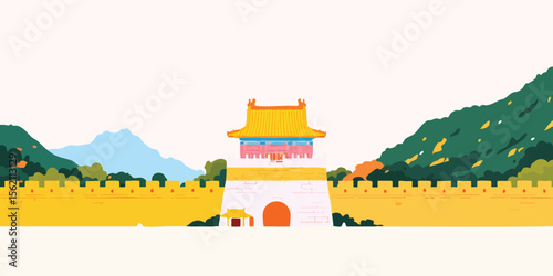 A vibrant illustration showcases the historical grandeur of ancient architecture, specifically focusing on iconic elements of the Great Wall, a cultural treasure.