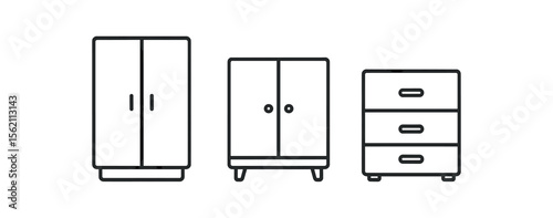 Minimalist black furniture icons: wardrobe, cabinet, chest of drawers vector icon isolated illustration