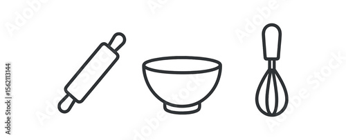 Outline icons of rolling pin, mixing bowl, and whisk on dark background vector icon isolated illustration