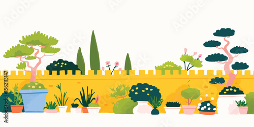 Vibrant illustration of a curated garden scene, featuring various potted plants and bonsai trees flourishing against a sunny yellow wall.