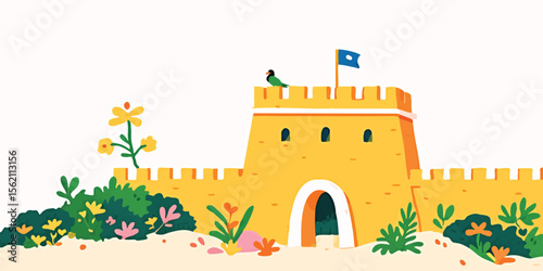 An illustrated castle, a picturesque scene, where a solitary bird watches a waving flag. This vibrant and minimalist illustration uses pastel colors to transport the viewer.