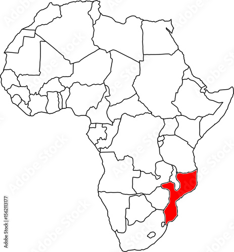 Mozambique map, map of the African continent highlighting the country of Mozambique

