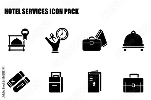Hotel services icons depicting various hotel amenities and services. Hotel staff providing service with various hotel equipment.
