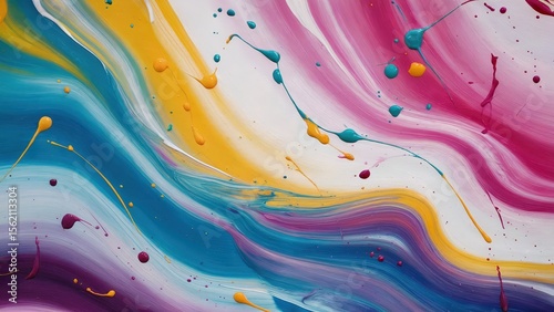 Vibrant abstract painting featuring colorful flowing liquid and artistic splashes