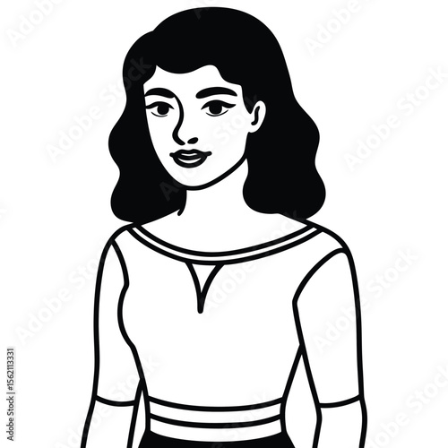 Vector illustration of a standing girl with long black hair, a silhouette of a woman's face and body