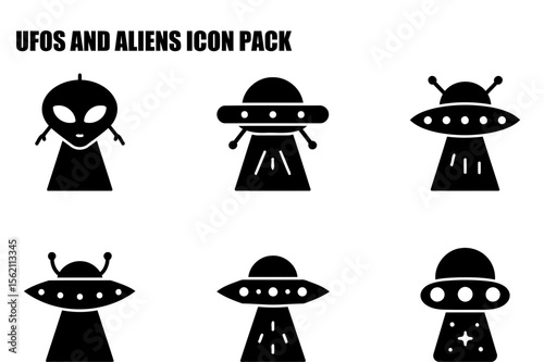 Black and white icons of aliens and UFOs in space. Simple, stylized representations of aliens and UFOs against a blank background.