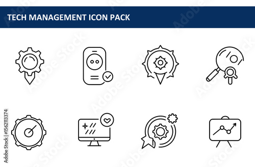 Line art icons depicting various aspects of tech management. Collection of simple, clean icons for tech management, showing different functions of tech management in a modern, professional setting.