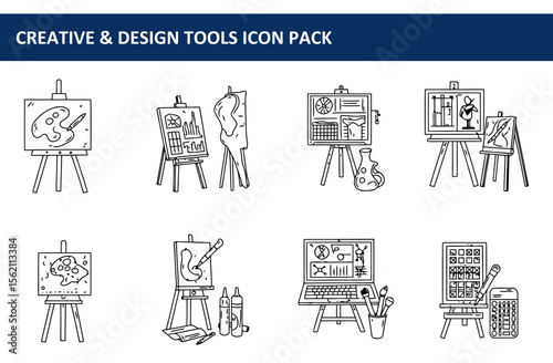 Creative & Design Tools Icon Set. Collection of diverse creative tools in a studio/workspace setting.