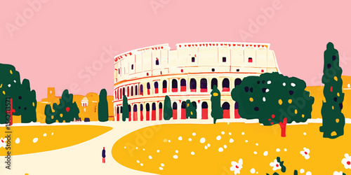 Illustrative rendering of Rome's Colosseum set within a verdant park landscape, capturing the essence of Roman history and cultural heritage.