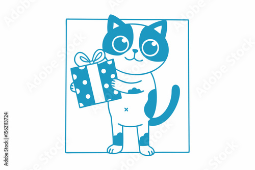 Cheerful cartoon cat holds a polka dot gift in a light blue frame
