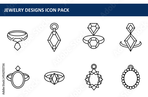 Jewelry designs icon pack showcasing various necklace, pendant, and ring styles. Simple line drawings of jewelry pieces against a white background.