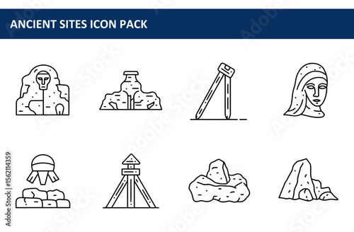 Ancient sites icon set featuring various historical landmarks, depicting archaeological sites, and surveying tools. Outline icons of ancient ruins and historical figures.