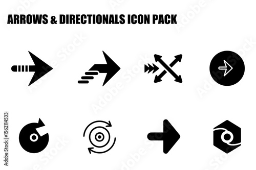 Black and white directional icons on a plain background. A set of simple, various directional arrow icons in a graphic design style.