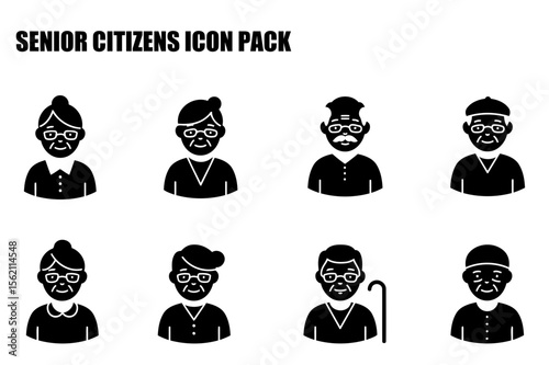 Senior citizens icons in casual attire, displaying various hairstyles and expressions. Silhouette portraits of diverse senior citizens in a variety of clothing styles and poses.