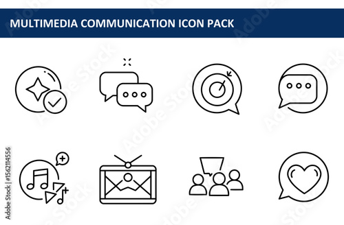 Multimedia communication icons in a simple, clean design. A variety of icons depict different social media and communication elements.