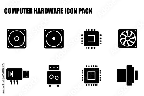Computer hardware icons with various components in a simple, flat design.
