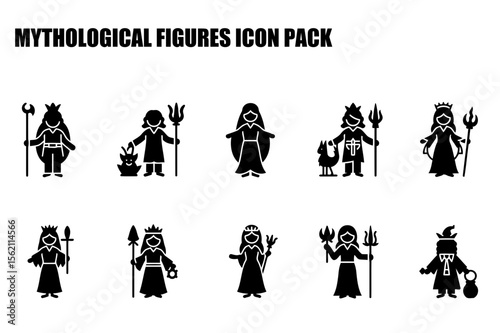 Mythological female figures in regal attire holding weapons/objects, standing in a white background. Collection of diverse mythological figures.