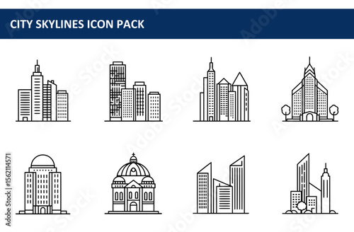 City skyline icons in a linear style showing various architectural structures. Outline drawings of buildings and urban landmarks against a plain white background.