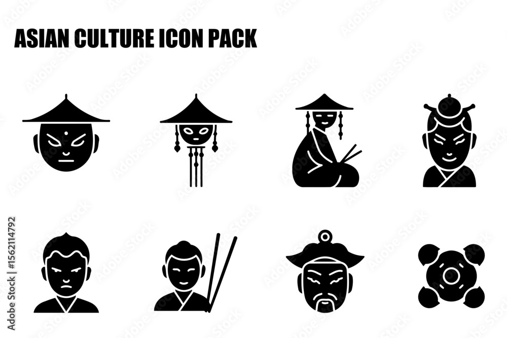 Fototapeta premium Asian culture icon pack showcasing various figures in traditional clothing/attire. Silhouettes of diverse individuals in seated, standing, and head-on poses against a plain white background.