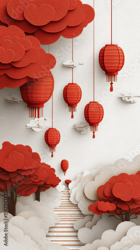 New Chinese style red lantern paper-cut style poster
