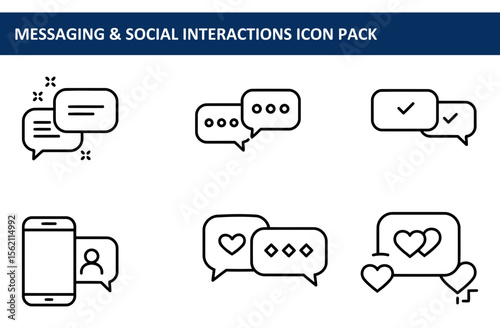 Line art icons depicting various messaging and social interaction elements. Simple, modern communication symbols for use in apps, websites, or digital interfaces.
