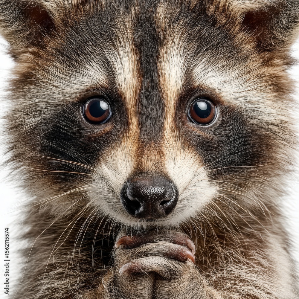 Obraz premium Adorable Baby Raccoon Close-Up Portrait with Clasped Paws, High-Resolution Wildlife Photo