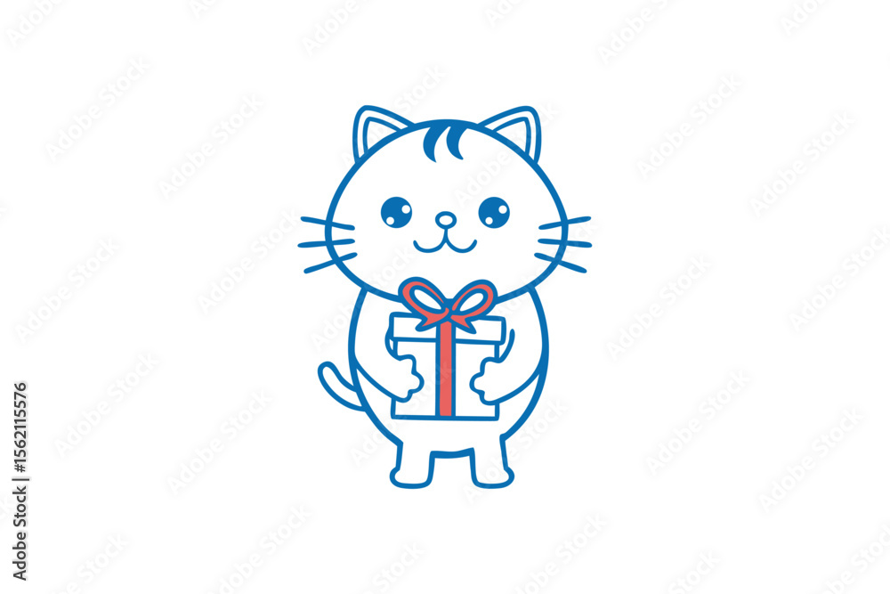 Obraz premium Cartoon cat with present offers warm wishes in a charming outline drawing