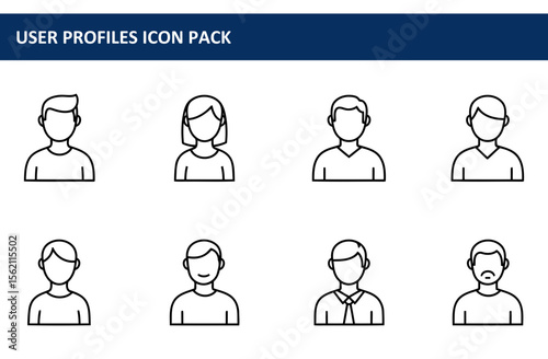 Line art of diverse user profiles in casual and professional attire. Simple, minimalist illustrations of male and female avatars in various expressions, presented against a plain background.