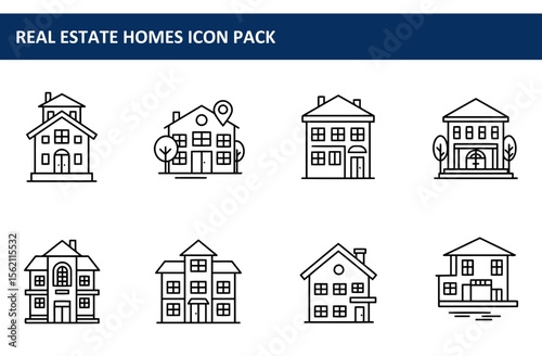 Line drawings of various residential buildings in different architectural styles.