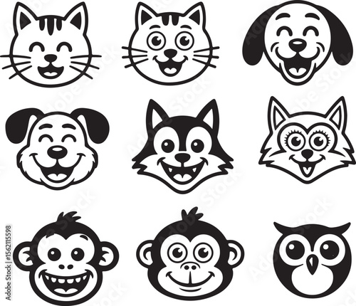 Happy Cartoon Animal Faces: Black and White Vector Illustrations for Kids