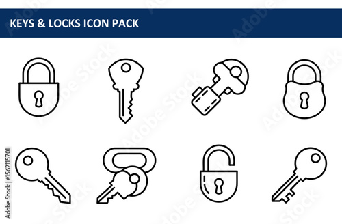 Keys and locks icon pack. Simple, black and white line art icons for security and access.