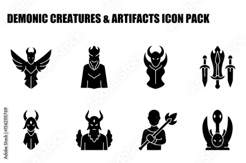 Demonic creatures and artifacts icon pack. collection of various mythological creatures and objects in a flat design.