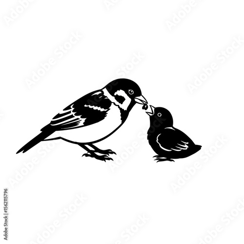Illustration of a bird feeding its baby bird artwork silhouette
