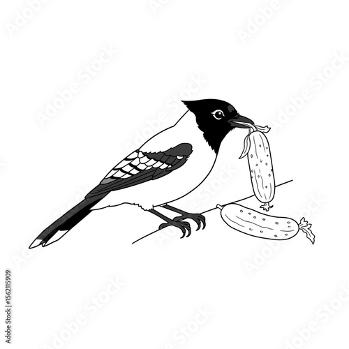 Bird perched holding a pickle in its beak outline silhouette