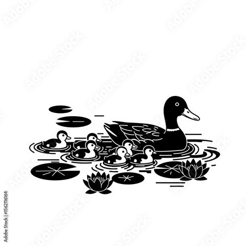 Duck with ducklings swimming among lily pads vector silhouette
