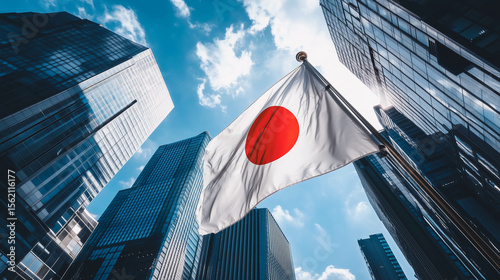 Japan flag with building city with blue sky.
