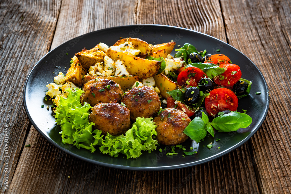 Fototapeta premium Greek style fried meatballs, fried potato wedges with feta cheese and tomato salad on wooden table 