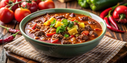 A savory bowl of chili with tender beef and vegetables in a rich broth