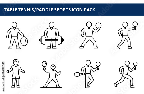 Generic table tennis/paddle sport figures in various poses with equipment. Active figures in casual sports attire on a plain white background.
