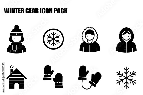 Winter gear icons depicting people in warm clothing, a snowflake, and a cabin, various winter accessories. Simple, black and white illustrations for winter-themed content.