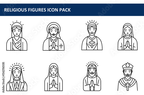 Religious figures in iconographic style with praying poses. Simple line art representations of religious figures in various roles, set against a plain white background.