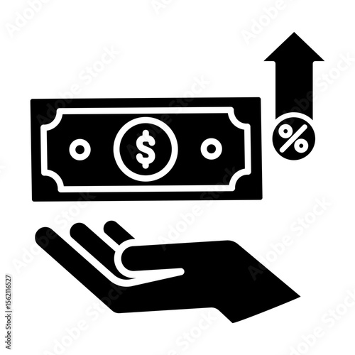Made in uk hand holds dollar bill with upward arrow and percentage sign vector icon solid style.