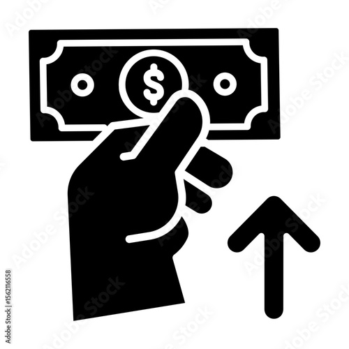 Made in uk hand holding a dollar bill points upwards vector icon solid style.