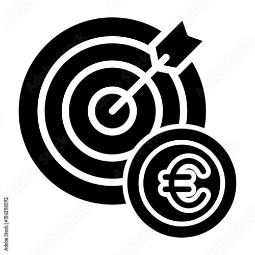 Made in uk a target with an arrow hitting the bulls eye and a euro coin next to it vector icon solid style.