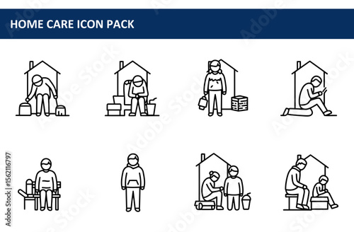 Home care icon pack showing various elderly care scenarios in a domestic setting. Elderly people performing household tasks and receiving support from caregivers.