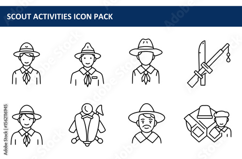 Scout Activities Icon Pack featuring diverse youth in outdoor settings. Smiling scout leaders and members in scout uniforms with various outdoor activities.