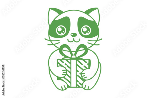 Emerald raccoon with wide eyes holds a gift box featuring diagonal stripes and ribbon