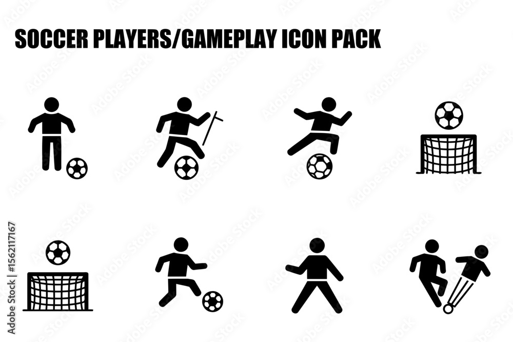 Soccer players in various actions on a white background. Different poses of players with a soccer ball in various gameplay scenarios.